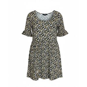 Vibe Sportswear Daisy Floral Elbow Ruffle Sleeve Pleated Dress Black Yellow 2X